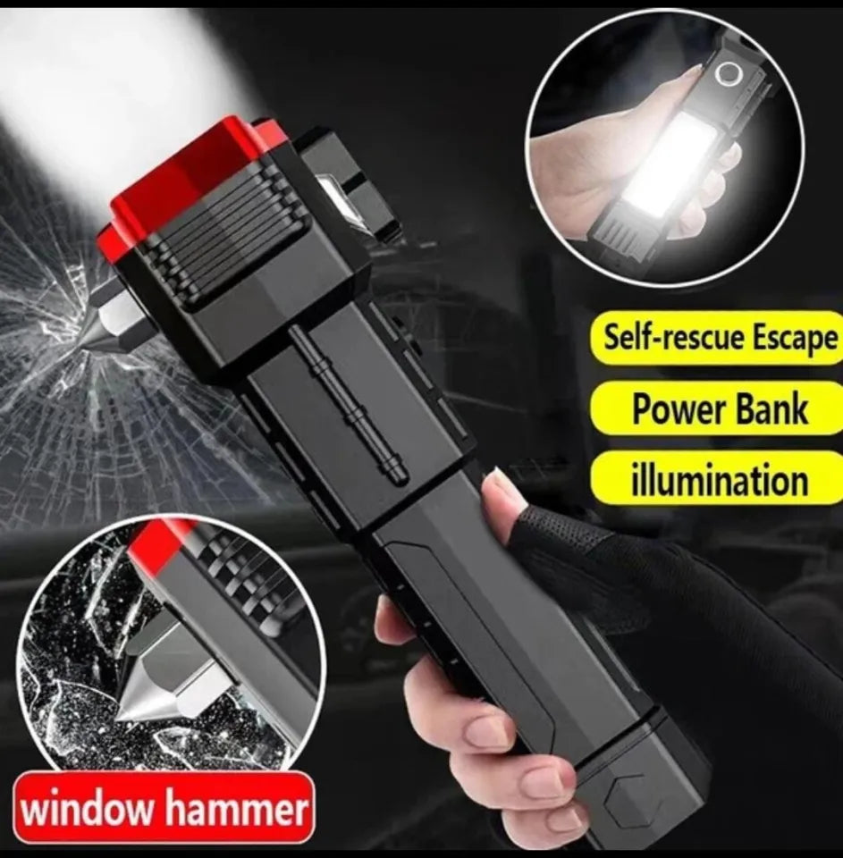Multifunction 8 in 1 Portable LED Flashlight Rechargeable LED Torch & Emergency Tool With Window Breaker Hammer | Flashlight Household Rechargeable Ultra Strong Outdoor Bright LED Flashlight